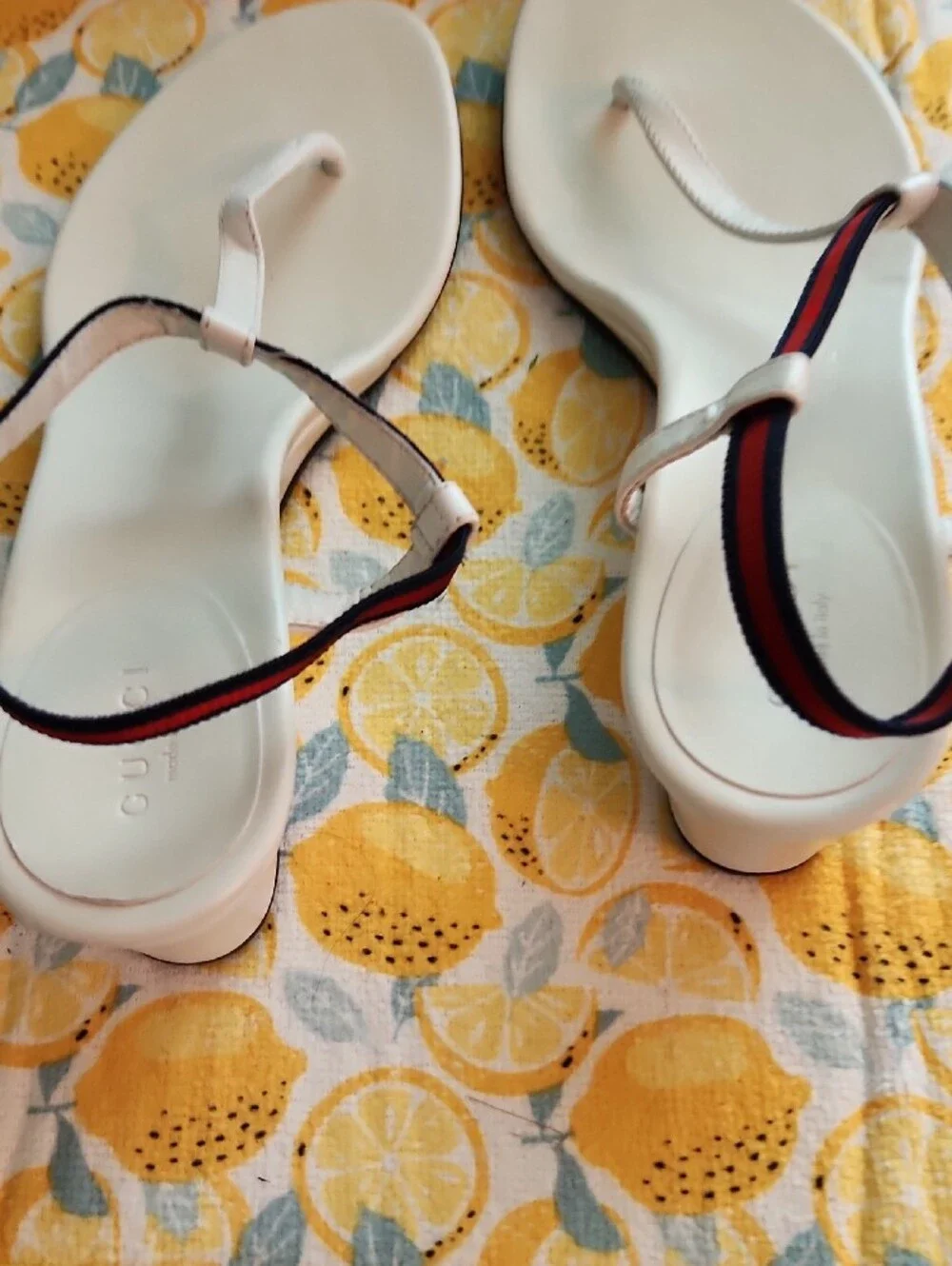 Gucci White T-Strap Sandals with Red and Navy Webbing
